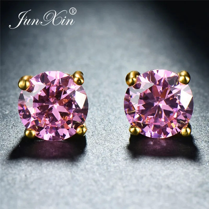Pink Stud Earrings JUNXIN мистические разноцветные циркониевые круглые серьги-гвоздики для женщин, желтое золото, заполненные фиолетовым, зеленым, синим камнем, свадебные серьги для женщин - Окраска металла: Pink Stud Earrings