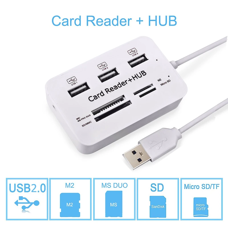 3 Port USB HUB with Card Reader Multi Splitter Combo for PC Laptop Support Micro TF SD M2 MS SDHC MMC Hub 2.0 | Компьютеры и офис