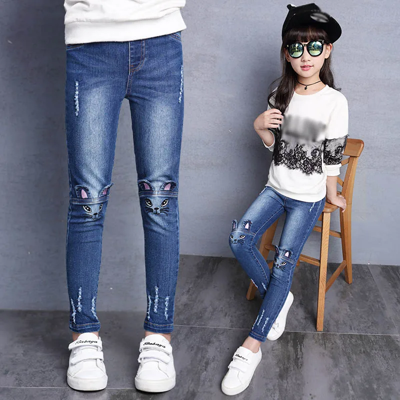 

Girls Jeans Hole Lovely Cat Kids Pants Casual Slim Thick Velvet Trousers Children Clothes Brand 2-15 Year Plus Size Denim Pants