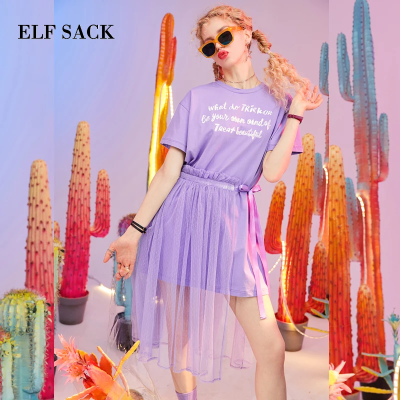 ELFSACK, новое летнее женское платье с буквенным принтом, Кружевное Платье трапециевидного силуэта с круглым вырезом, женское стильное обтягивающее платье до середины икры