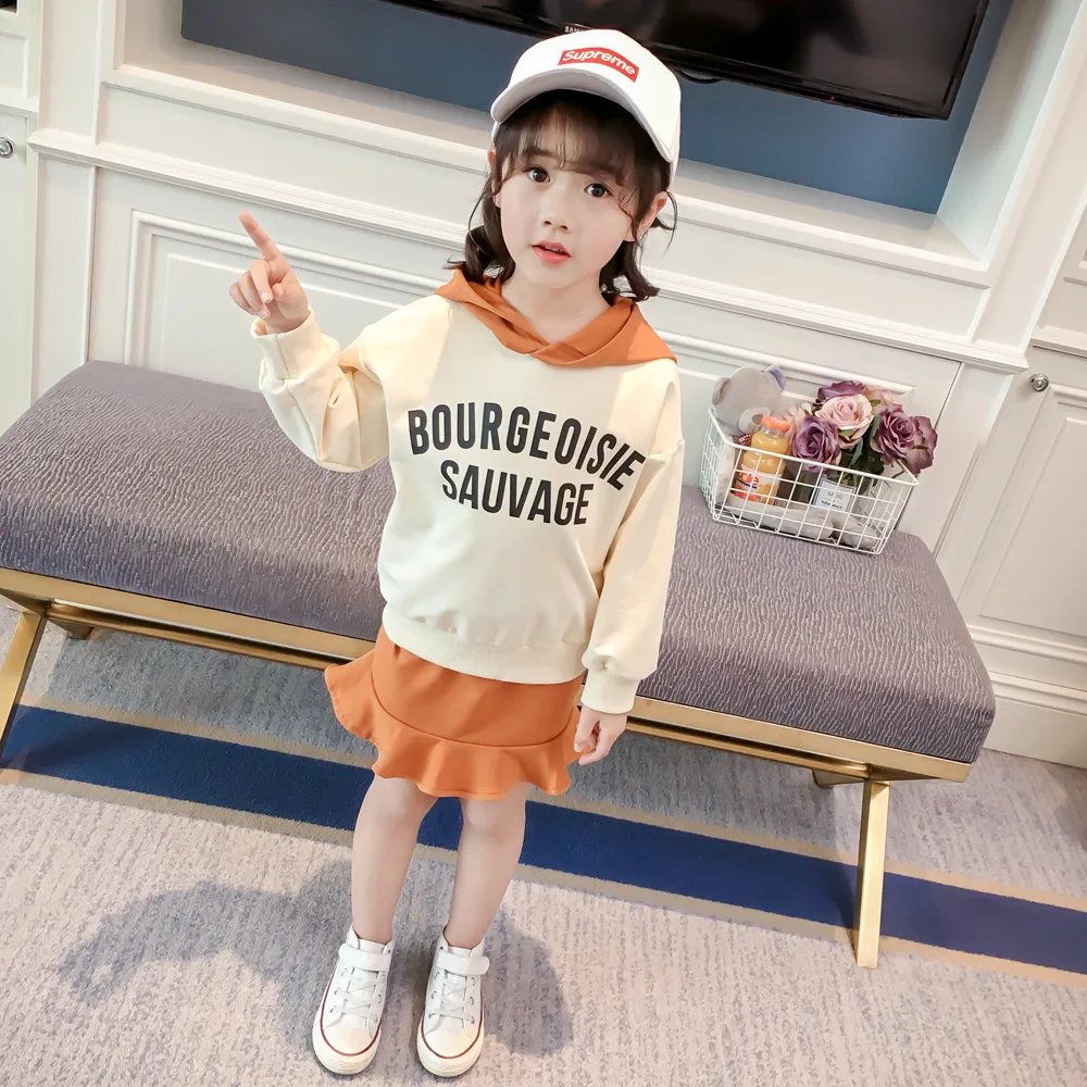 Girls set 2018 new spring letter hooded printing long-sleeved sweater with skirt two-piece tide | Детская одежда и обувь