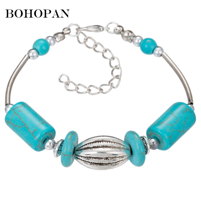 

Bohemia Ethnic Bracelet For Women Silver Metal Carved Beaded Bracelets Geometric Stone Bangles Charm Jewelry Men Accessories