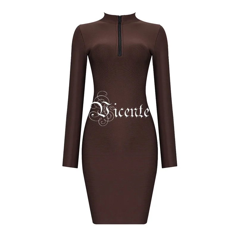 VC All Free Shipping HOT New Chic Zipper Embellished Slim Long Sleeves Bodycon Women Celebrity Party Bandage Dress - Цвет: Коричневый