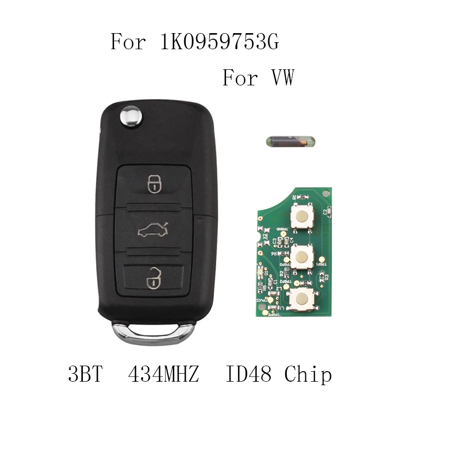 3 кнопки автомобильный пульт 434 МГц ID48chip для VW ЭОС Гольф плюс Джетта Touran Tiguan EOS Sirocco Jetta Автомобильный ключ 1K0959753G без логотипа