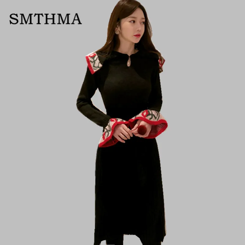 Photo Color SMTHMA Новое поступление корейское платье-свитер Облегающее с расклешенными рукавами вязаное жаккардовое модное платье vestidos - Цвет: Photo Color