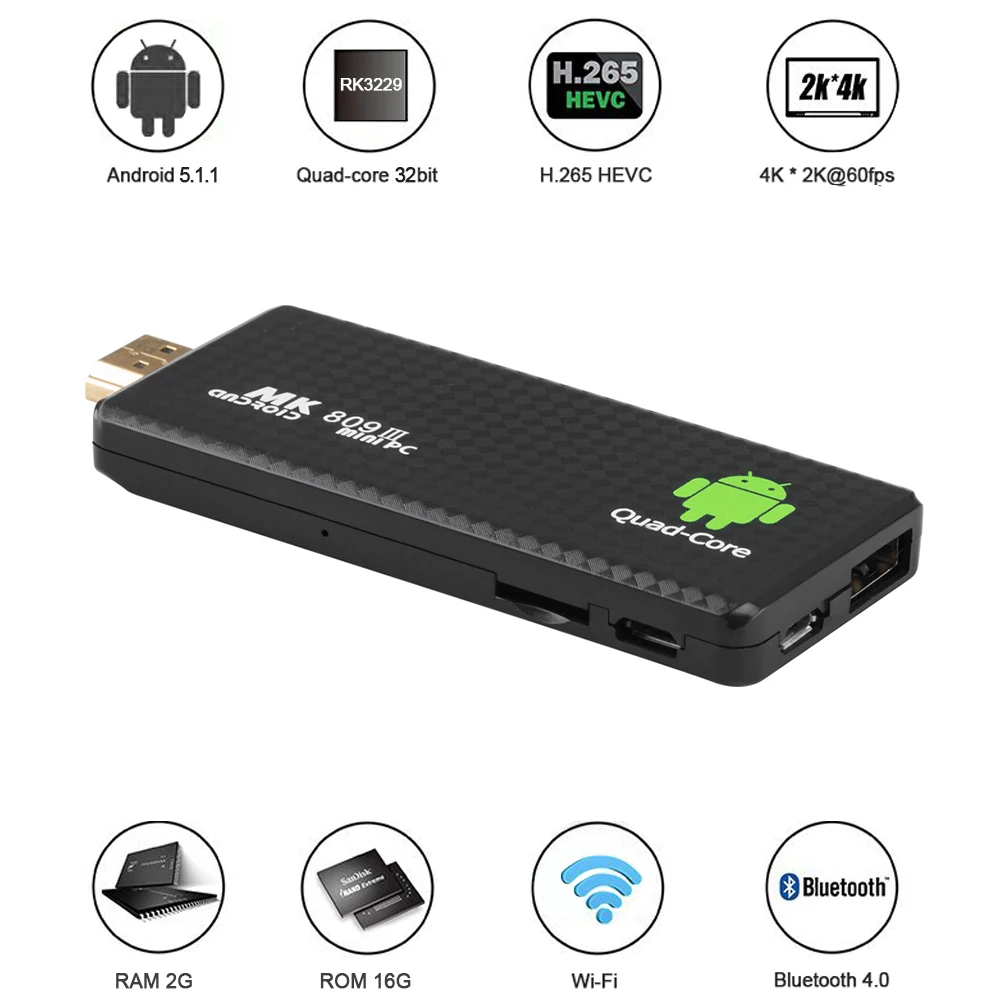MK809 III Android 5 1 TV Dongle RK3229 четырехъядерный 2 Гб 16 4K 3D AirPlay Miracast DLNA H.265 WiFi умный