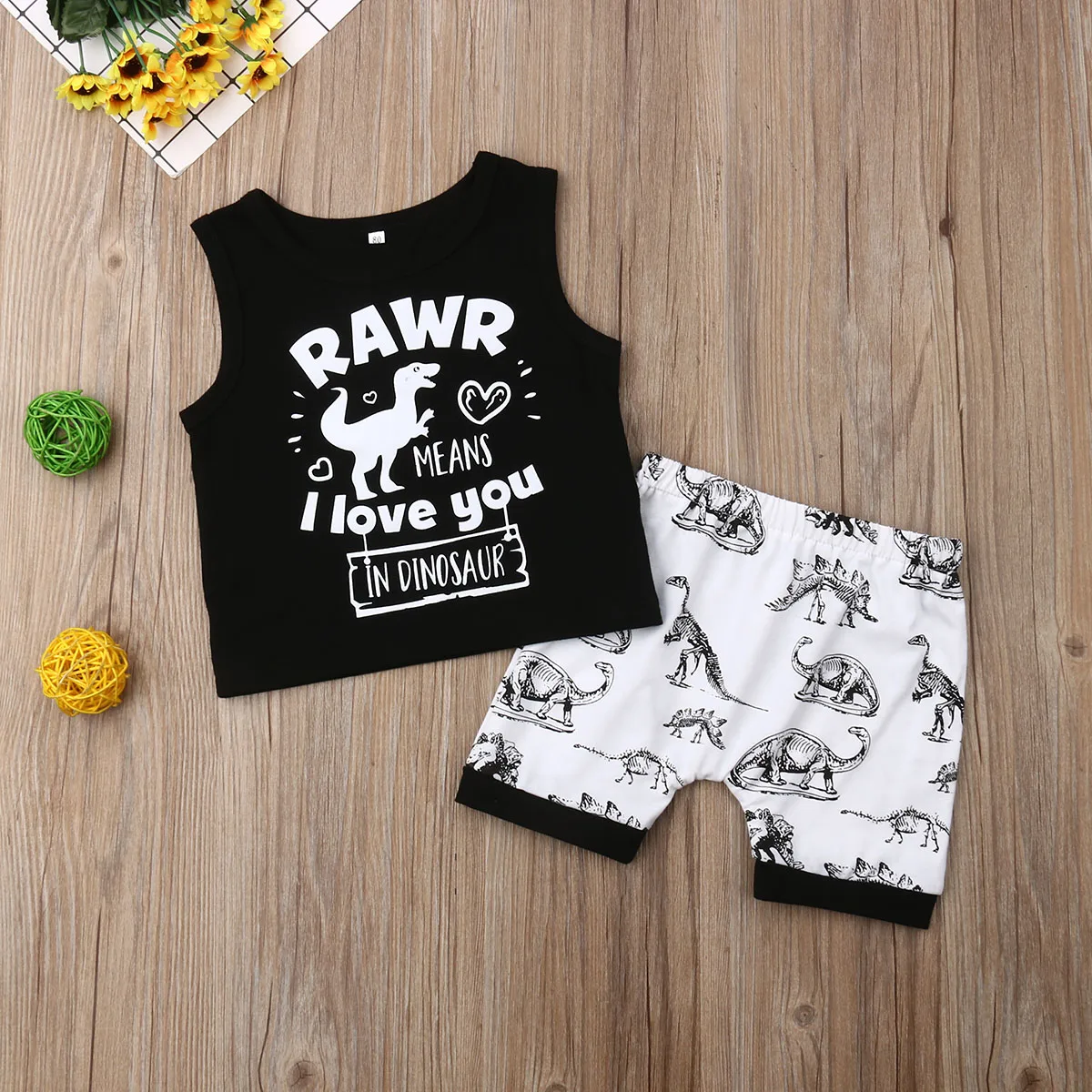 Летняя майка без рукавов для маленьких мальчиков топы шорты с рисунком динозавра