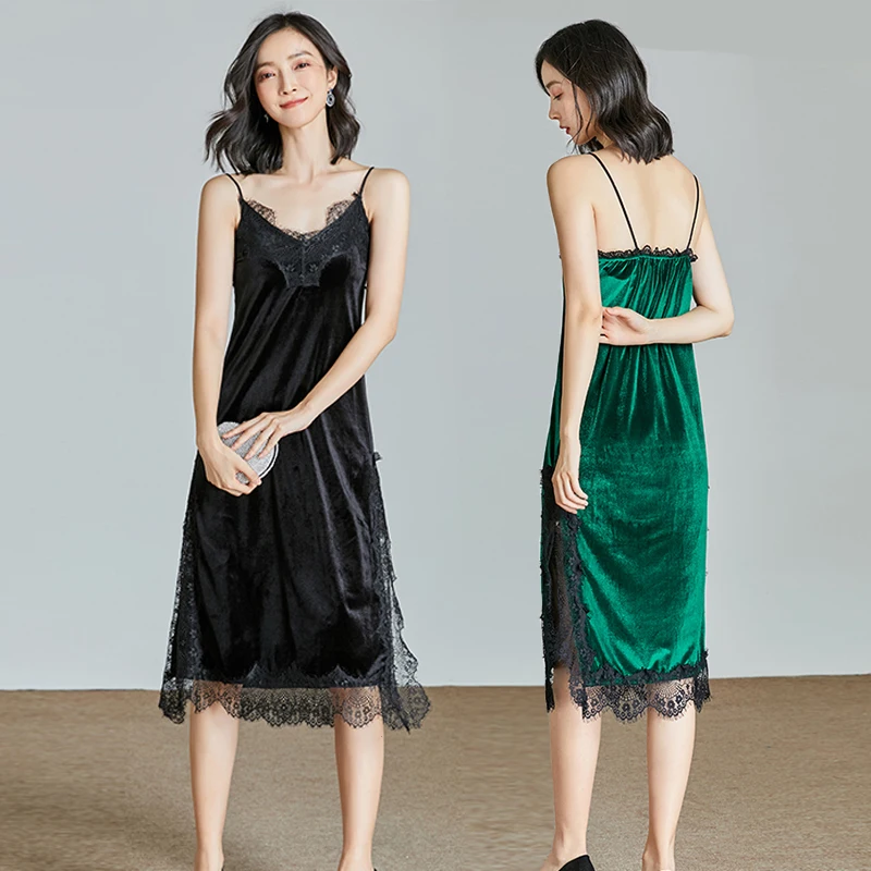Длинная комбинация на тонких бретельках X-Long Slip зеленый черный цвет бархатное нижнее платье с v-образным вырезом кружева пэчворк удобная одежда для женщин