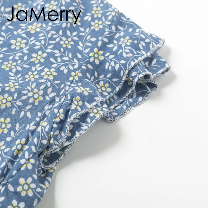 JaMerry Boho Летнее платье с цветочным принтом женское V шейный галстук бабочка рюшами