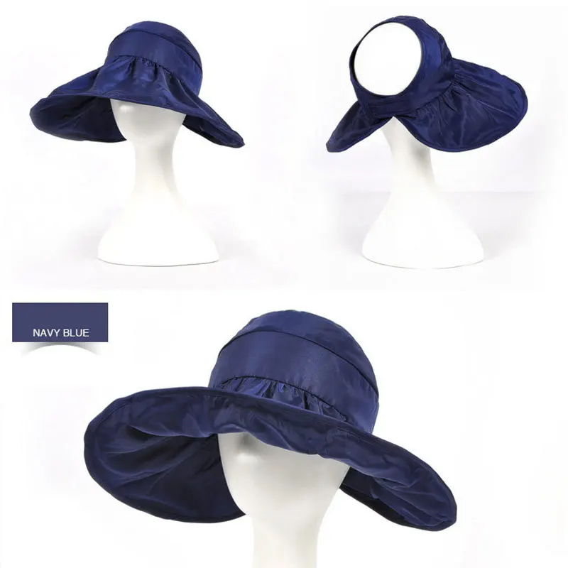 NAVY BLUE Женские летние женские солнцезащитные пляжные шляпы, Женская широкая шляпа, складывающаяся, скручивающаяся, гибкий, твердый козырек, шляпа от солнца, УФ-защита, уличная крышка - Цвет: NAVY BLUE