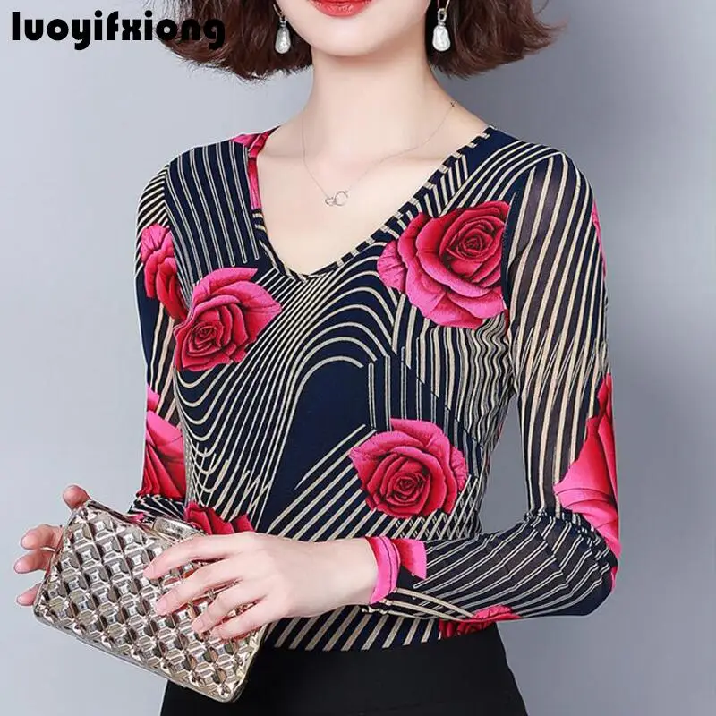 

Floral Print Elasticity Long Sleeve Lace Blouse Women 2021 New V-neck Slim Shirt Women Blusas Plus Size Womens Tops and Blouses