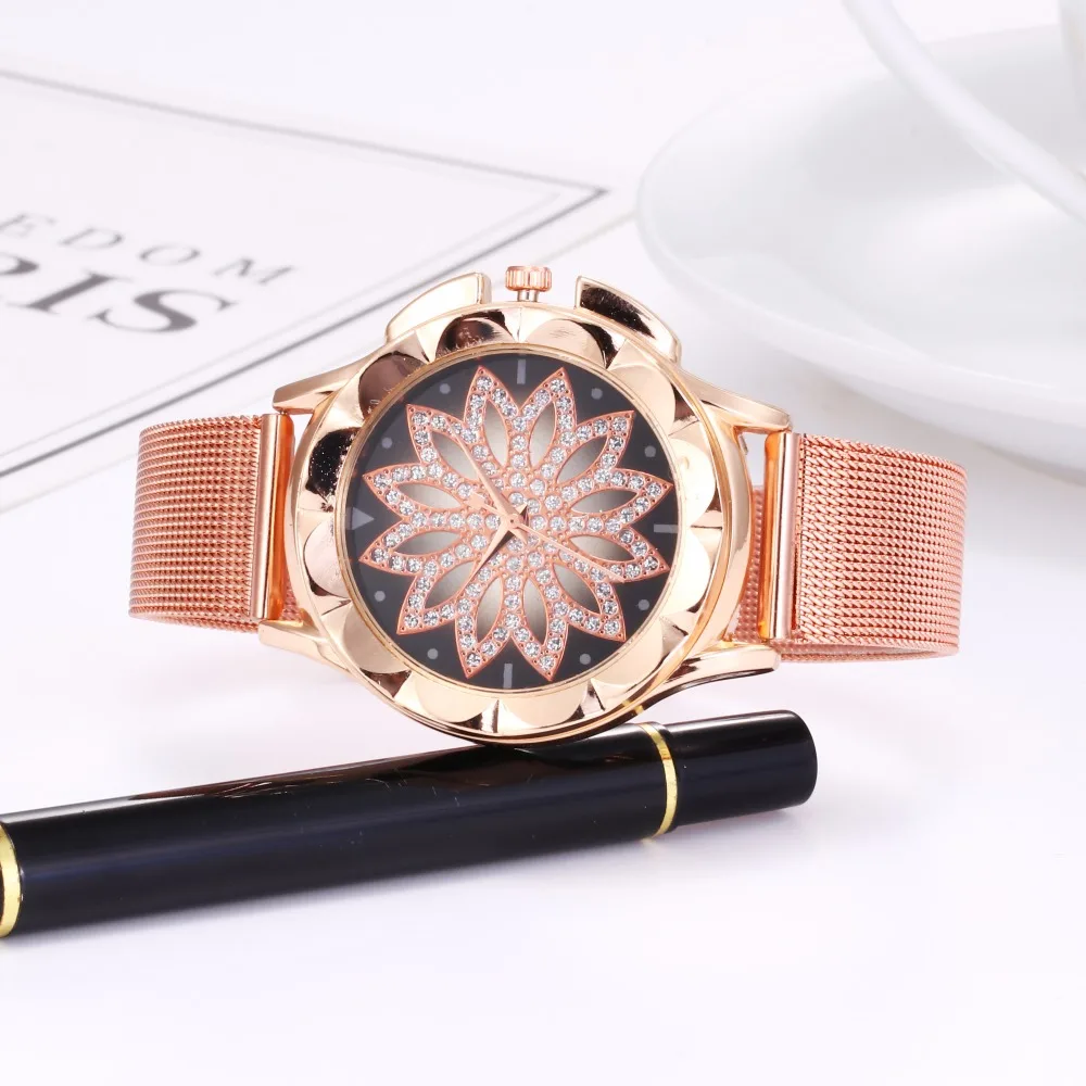 Drop Shipping 2019 Fashion Women Rose Gold Flower Rhinestone Wrist Watches Luxury Casual Female Quartz Watch Relogio Feminino | Наручные