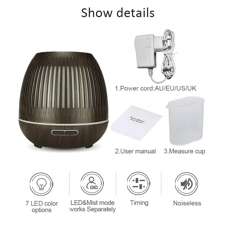 

400ML Ultrasonic Air Humidifier Aroma Essential Oil Diffuser with Wood grain hollow 7 Color Changing LED Lights for Office Home