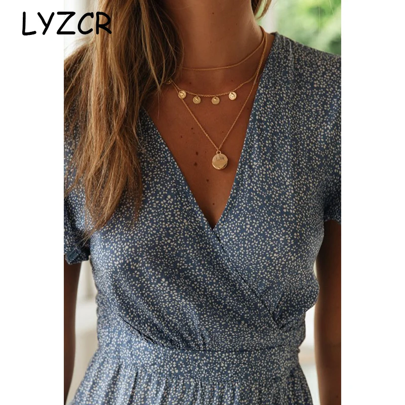 LYZCR женщины Лето В стиле бохо Макси длинное платье вечерние с v-образным вырезом