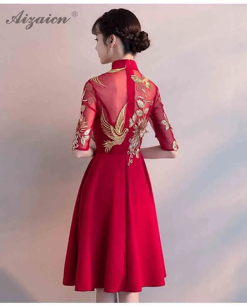 Красный невесты короткий Cheongsam Современная вышивка Qi Pao женский китайский традиционный свадебный платье Ципао Chinoise вечерние платья