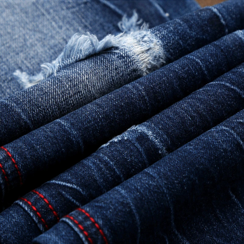 Quality Ripped Biker Jeans Mens Distressed Denim Pants Man Torn Patches Stretch Men Male Straight Slim Fit Men's Trousers | Мужская