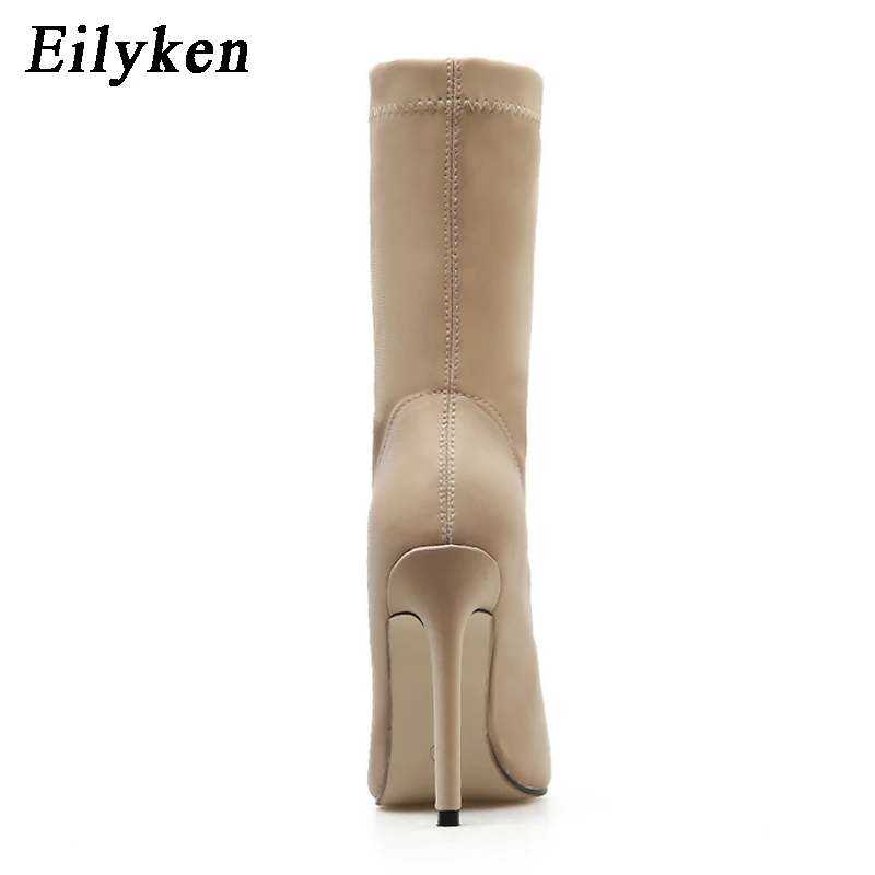 Eilyken г. Новые женские ботильоны из эластичной ткани обувь на каблуке пикантные женские ботинки на высоком каблуке, с острым носком, на шнуровке, весна-осень