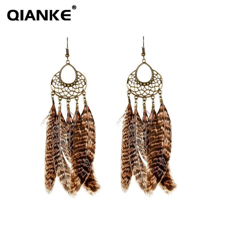 QIANKE bohemian big feather drop earrings for women boho long ethnic Leopard Print dangle fashion jewelry wholesale | Украшения и