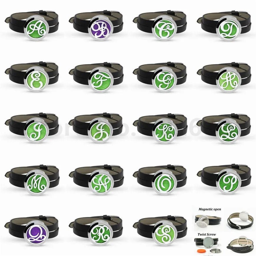 Classic English Letters A-S 30mm stainless with PU Leather Essential Oil Perfume Diffuser Bracelet locket 10pads | Украшения и