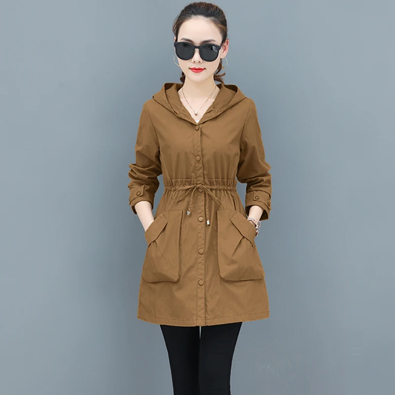 Spring Autumn Trench Coat Women Full Sleeve Thin Overcoat Medium Long Windbreaker Female New Temperament Hooded Clothing