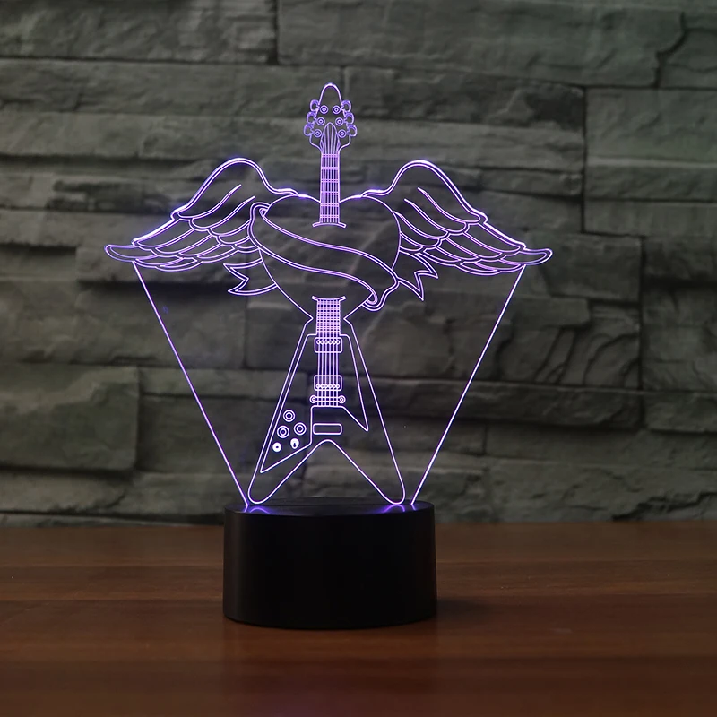 Красочные 3D USB Ночной светильник в форме сердца с крыльями ангела гитары литье