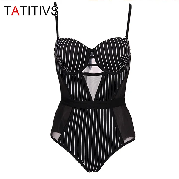 Black Tativs, женский купальник, сексуальный, в полоску, сетка, Цельный купальник,, летний, пуш-ап, купальник, боди, купальный костюм, T75-140 - Цвет: Black