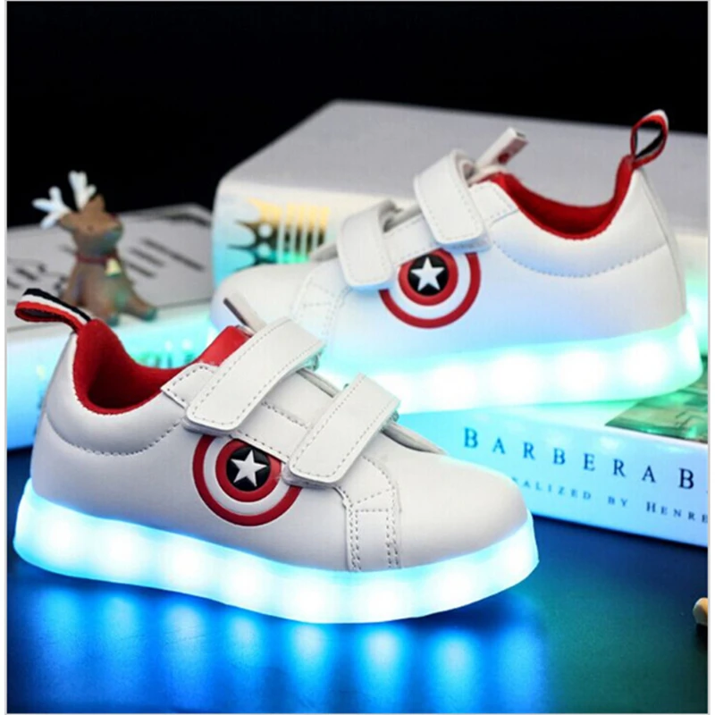 YPYUNA Captain America Children Shoes Light Led luminous Sneakers Boys Girls USB Charging Sport Casual For Kids Glowing | Детская одежда