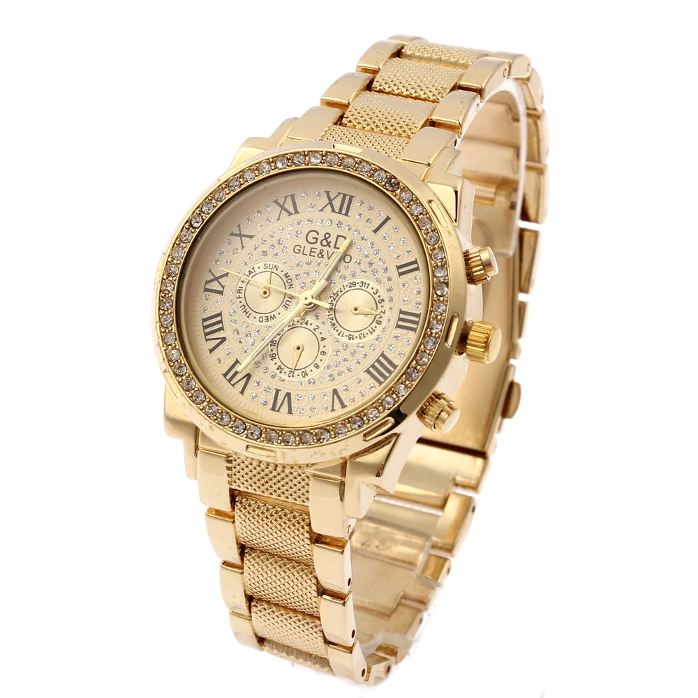 G & D женские модные золотые часы с браслетом из нержавеющей стали стразы