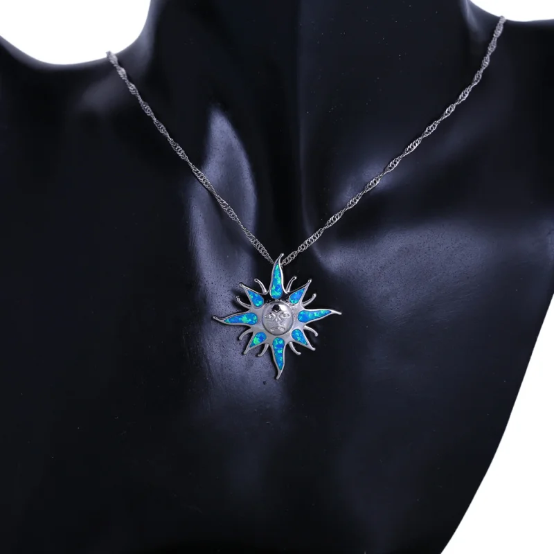 Ayowei Hot sell sun flower for girl birthday gift blue fire opal silver 925 Pendant Necklaces women fashion jewelry OP772A | Украшения и