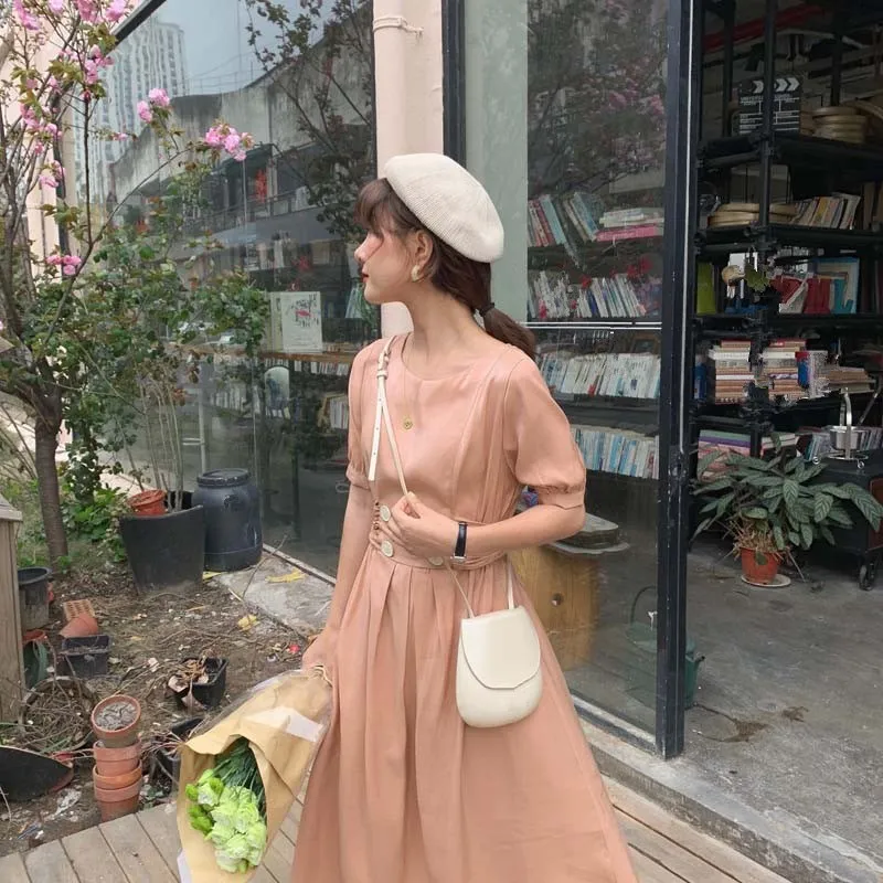 Fashion 2019 Summer New Solid Beach Long Dress Women Vintage Short Sleeve Empire A-Line Female Casual Mid Dresses | Женская одежда