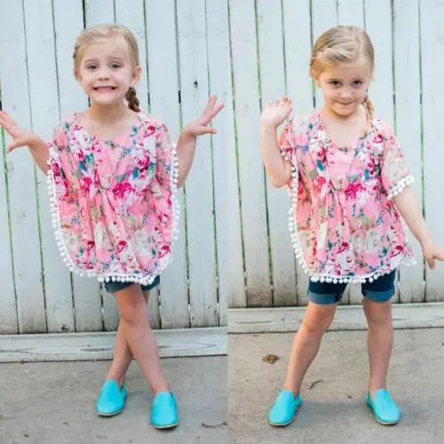 2019 Brand Newborn Kid Baby Girl Floral Blouse Summer Bohemian Tassel Batwing Sleeve Tankini Beachwear Swimsuit Cover Up Clothes | Мать и
