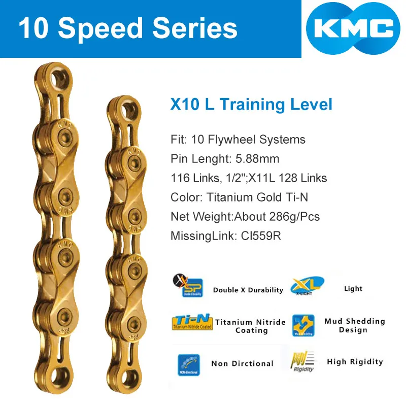X10L Glod KMC X10L X11L супер светильник велосипедная цепь 10 11 скоростная горная велосипедная цепь для дорожного велосипеда для Shimano/SRAM/Campagnolo 116 1/" /128 звеньев - Цвет: X10L Glod
