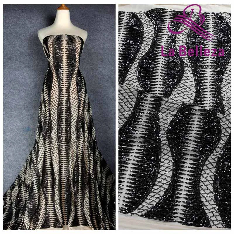 Black on beige mesh La Belleza 1 ярд золото/зеленый/черный блёстки на стрейч сетки вышитые свадебное платье/вечернее платье кружевная ткань 51 ''ширина - Цвет: Black on beige mesh
