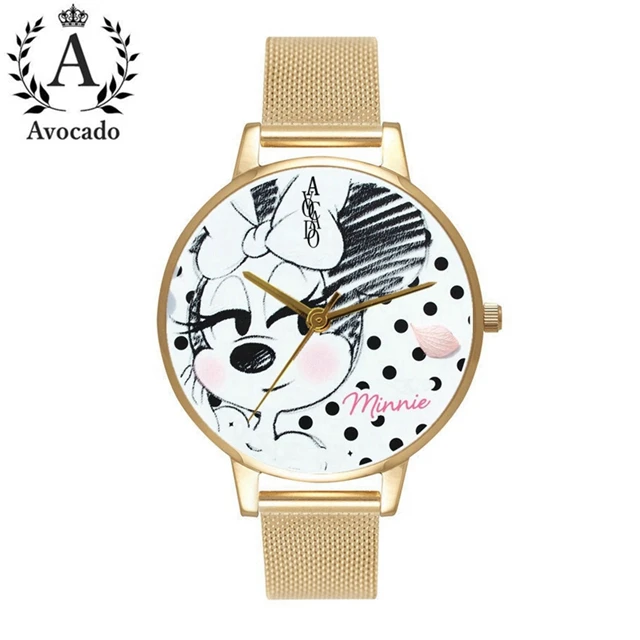 3 Avocado Mickey& Minnie Cartoon Watches Gold Mesh Belt Kids Watch For Women Female Ladies Students Girl Clock Gift - Цвет: 3