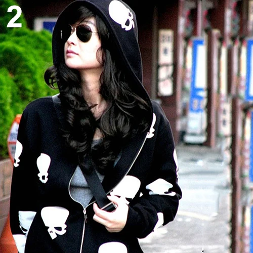 Women's Skull Zipper Sweater Hooded Cardigan Casual Hoodies Jacket Coat Tops | Женская одежда