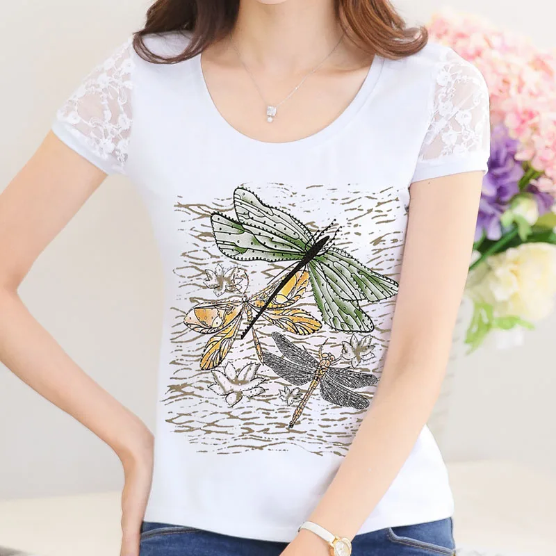 XXXL в виде алмазной Стрекозы с Camisetas Mujer 2019 летняя Стразы футболка Для женщин