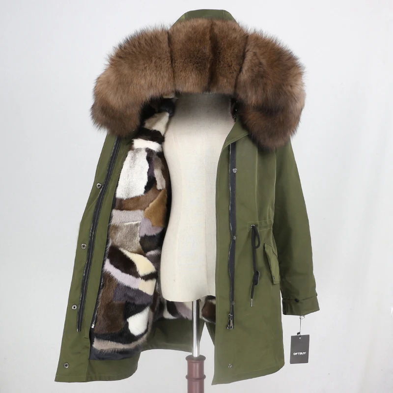 green brown OFTBUY, пальто из натурального меха норки, водонепроницаемая длинная парка, зимняя куртка для женщин, натуральный мех енота, капюшон, съемная верхняя одежда, Толстая теплая - Цвет: green brown