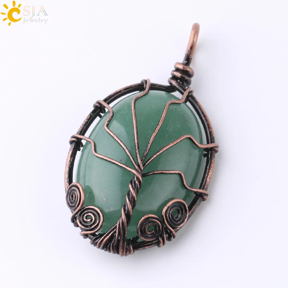 Green Aventurine-B CSJA винтажная проволока обертывание Древо жизни кулон натуральный овальный камень кабошоны из бисера рейки подвески для ожерелья для женщин мужчин ювелирные изделия F785 - Окраска металла: Green Aventurine-B