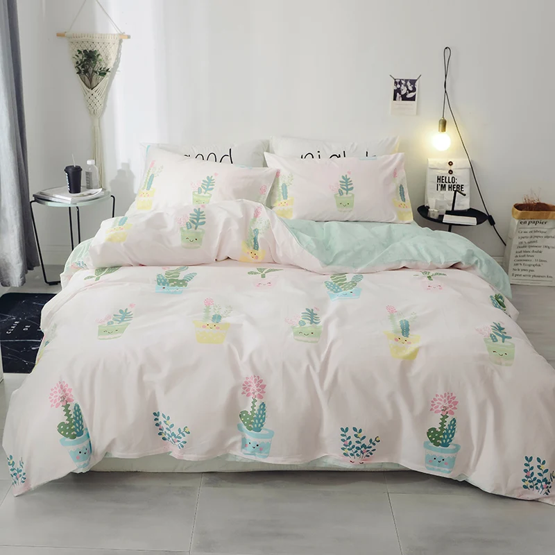 Green Plant Pattern Cotton Soft Bedding Set Queen King Full Size Bed Linen 4Pcs/Set Duvet Cover Sheet AB Side 2019 | Дом и сад