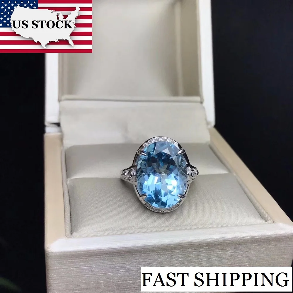 

US STOCK Uloveido 10 Carat Blue Natural Topaz Ring, 925 Sterling Silver Large Gemstone Wedding Promise Ring with Box FJ341