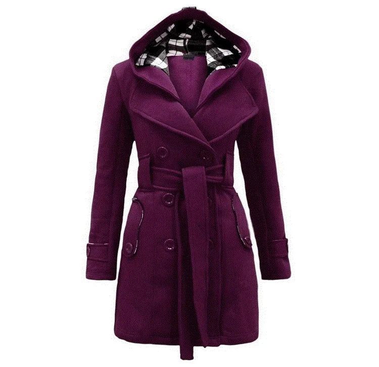 Зимнее женское Новое клетчатое пальто с капюшоном поясом двубортное длинное 203 |