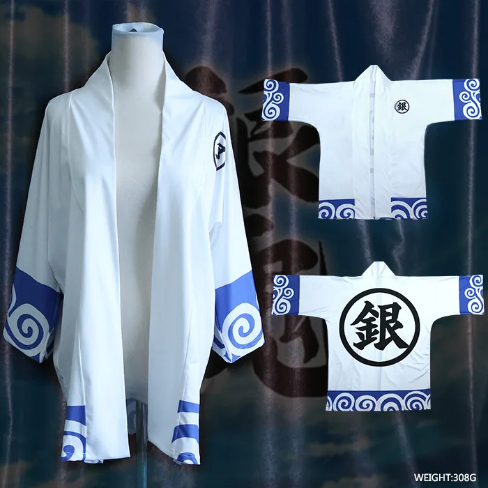 

Japan Anime Gintama character Sakata Gintoki cosplay cloak White Printing Chiffon coat for Unisex Halloween costume