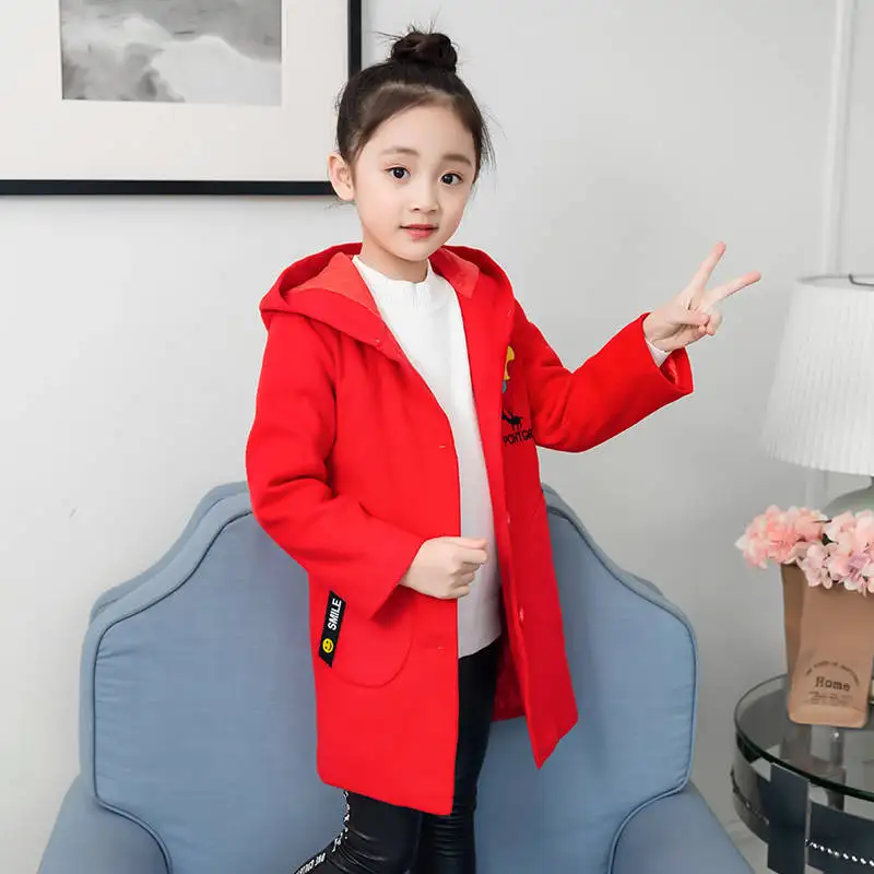 

Winter Woolen Jacket For Girl New 2021 Korean Version Thicken Fashion Hooded Mid-Length Printing Slim Casual Children's Clothing