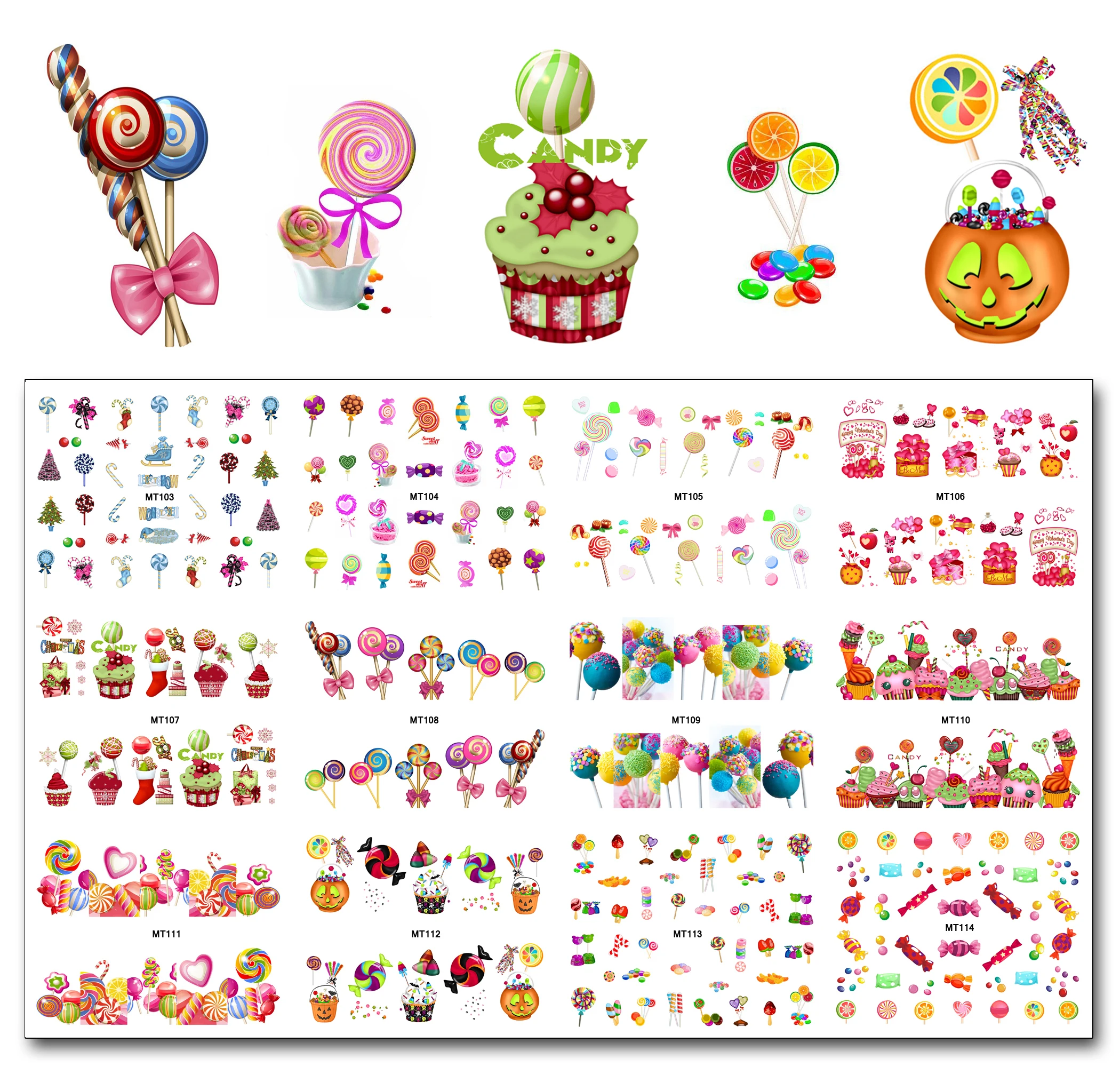 

Nail 12 Sheets/Lot MT103-114 Colorful Candy Christmas Candy Cake Nail Art Water Decal Sticker For Nail Art Tattoo Decoration