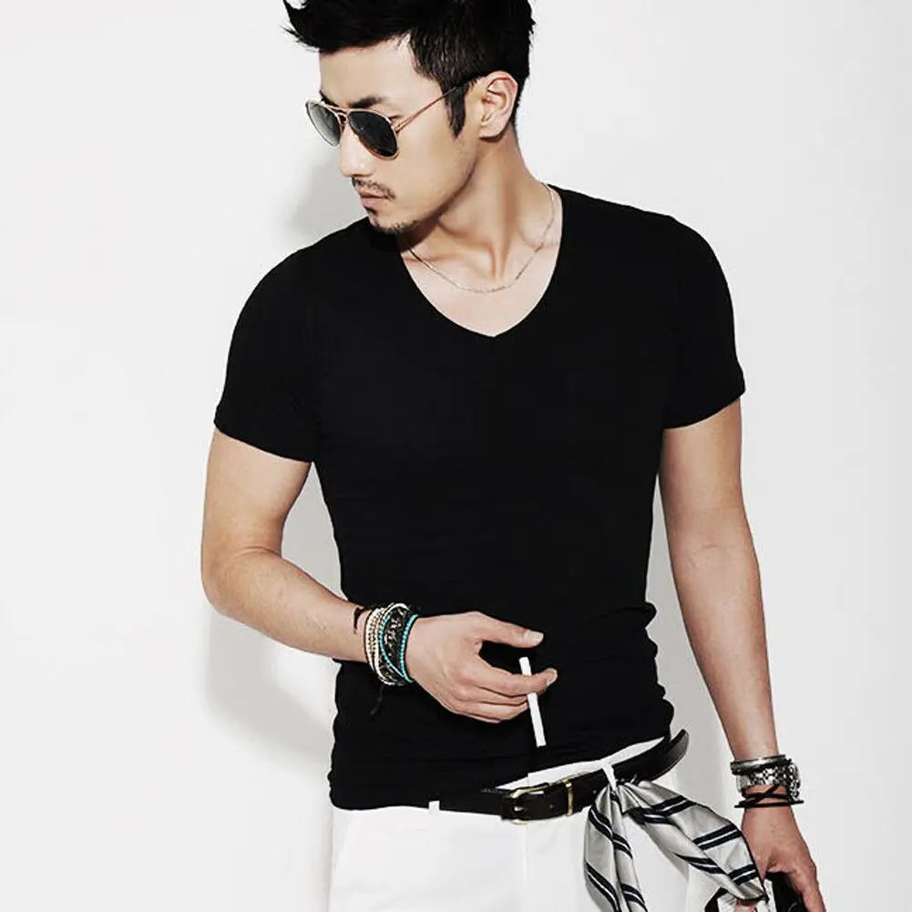 Футболка мужская Спортивная с V образным вырезом хлопок короткий рукав