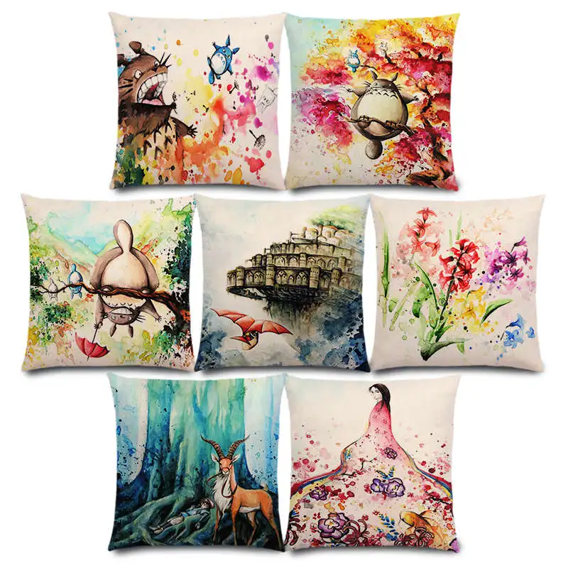 Новинка наволочка для подушки с изображением Хаяо Миядзаки работает акварелью