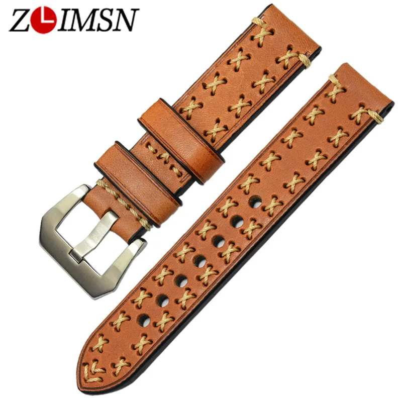ZLIMSN High Quality Thick Genuine Leather Watchbands 20 22 24 26mm Brown Watch Strap 316L Brushed Silvery Stainless Steel Buckle
