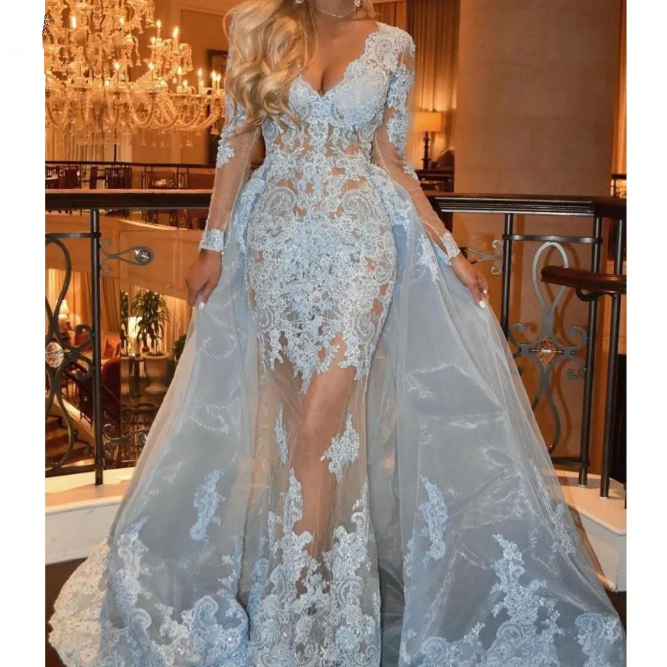 

Blue Muslim Evening Dress Illusion Mermaid Long Sleeves Tulle Lace Islamic Dubai Saudi Arabic Long Evening Gown Prom Dress