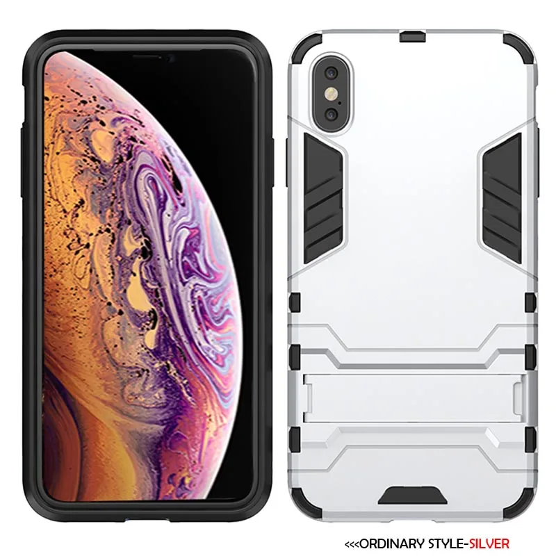 Противоударный чехол для iPhone X, XR, XS, Max, 8 Plus, 6, 6s, 7, 5, SE, 5S чехол для телефона, PC+ силиконовый чехол с подставкой и изображением Железного человека - Цвет: C1-Silvery