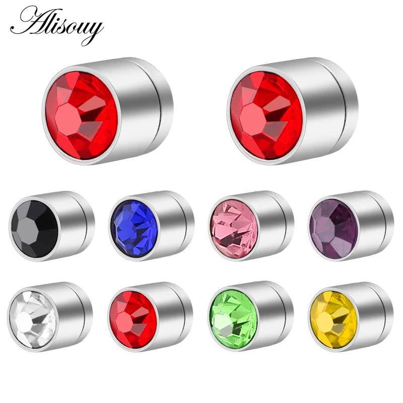 

Alisouy 2pc Stainless Steel Fashion Simple Women Men Imitation Zircon Czech Rhinestone Magnetic Stud Earrings No Hole Ear Studs